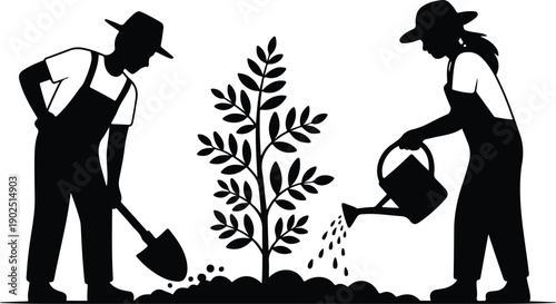 Gardeners Planting Trees Silhouette Icons Community Environmental Care Set