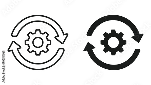 Set of continuous improvement icons featuring a gear surrounded by a circular arrow flow representing process updates