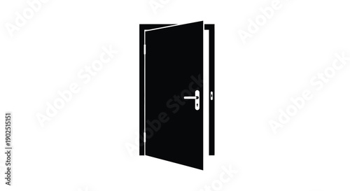 A partially open black door against a white background silhouette