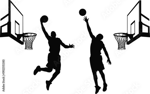 Silhouette of two basketball players jumping to score on two hoops silhouettes nets