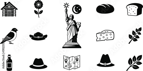 Black and white of various including statue of liberty log cabin flower bread cheese