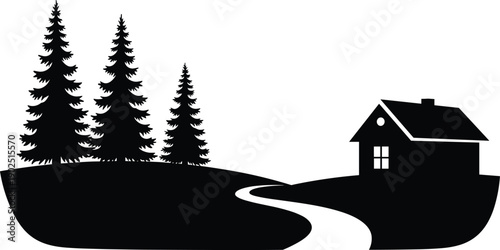 Rural house landscape silhouette with pine trees and winding path, black countryside scene illustration isolated for nature, travel and logo design