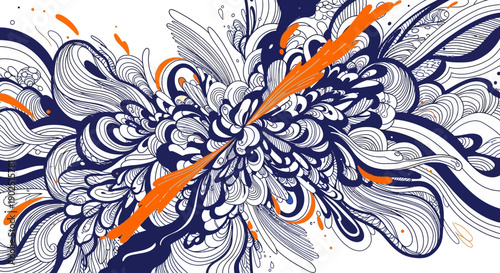 Intricate floral illustration with dynamic orange splashes and swirling patterns