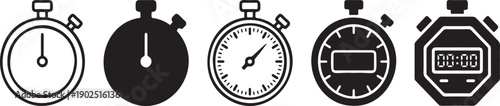A collection of five different stopwatch icons in various styles, including analog and digital representations.