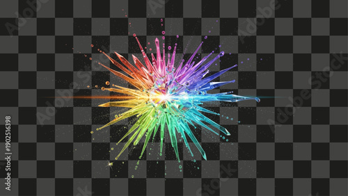 Crystal Starburst Spiky Spherical Fractal Object Exploding Glass Effect Rainbow Colored Light Refraction Dark Setting.