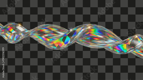 Crystal Ribbon Twisted Wave Faceted Prismatic Effect Rainbow Iridescent Refraction on Transparent Checkered.