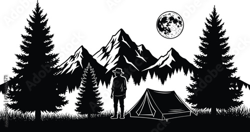 Night camping landscape silhouette with hiker, tent, pine forest and mountains under full moon, black vector outdoor adventure scene