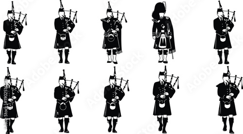 Scottish bagpiper silhouette icon set, traditional attire, kilt costume, feathered hat, cultural heritage, music instrument, vector illustration, black pictogram, folk, history