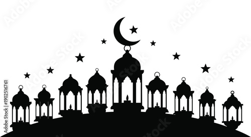 Ramadan night scene with mosque and crescent moon silhouette