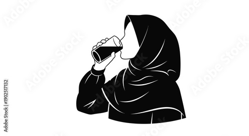 Woman in hijab drinking coffee a striking black silhouette