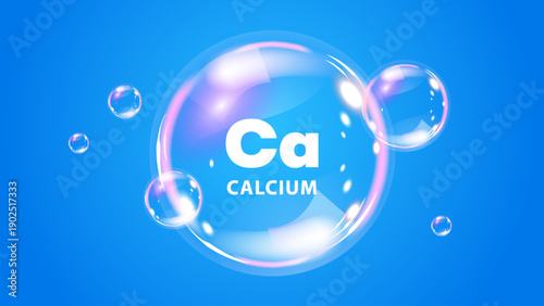3D realistic сalcium minerals, transrapent bubble on blue background. Vitamins complex essential supplement. Health care, food nutrition, medicine, science concept. Vector illustration