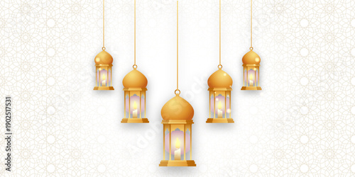 Realistic 3D design of a golden vintage Arabic lantern. Horizontal Ramadan banner, blank poster template, website header. Vector