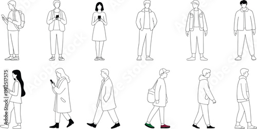 People line art illustration set, men and women standing and walking, casual outfits, smartphone usage, minimal outline vector style