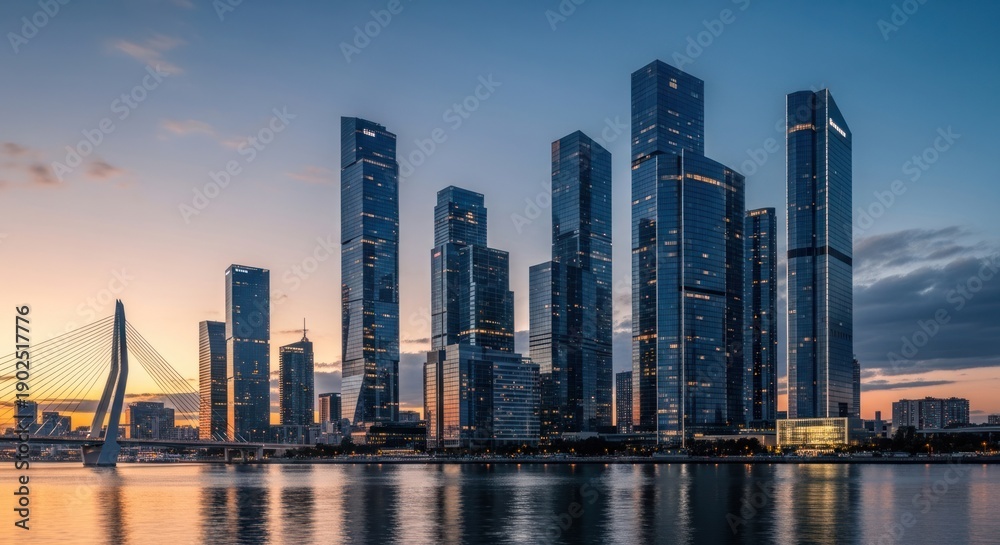 Obraz premium Modern city skyline at sunset tall buildings reflecting in water