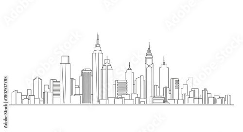 Abstract City Skyline Outline with Skyscrapers on Isolated White Background