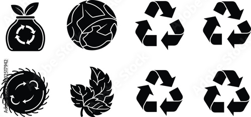 Black and white recycling symbols with leaves and globe leaf eco friendly