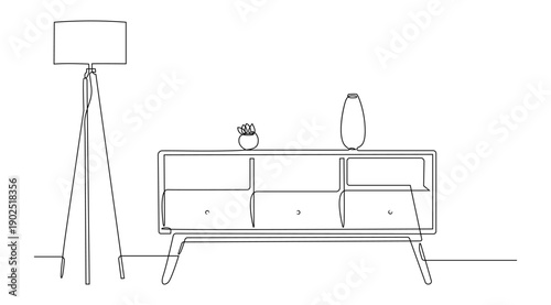 Minimalist single line art illustration of a modern living room interior featuring a sideboard, floor lamp and decorative objects.