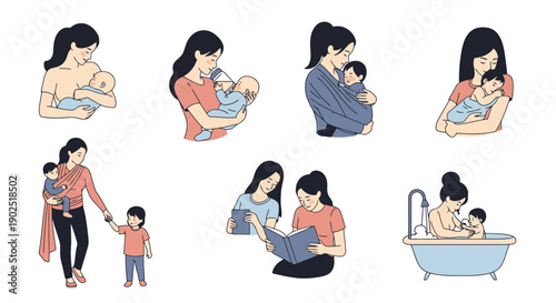 Mother Care With Baby And Child Various Activities And Bonding Moments Illustrations Of Nurturing Family Life