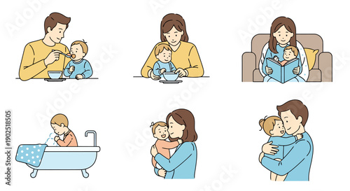 Happy Family Moments Parents Feeding Bathing and Reading with Children Daily Life Activities Care Connection Love Togetherness Childhood Development