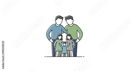 Modern Family Illustration Depicting Two Fathers And Two Children Standing Together With Unity and Love