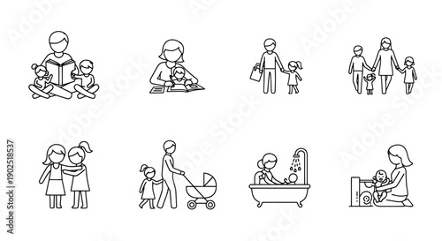 Collection of Simple Line Art Icons Depicting Diverse Family Activities and Childcare Moments
