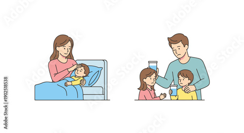 Caring Mother Tends Sick Child in Bed While Father Offers Drink to Children at Table Healthcare Family Love Warmth Connection Togetherness