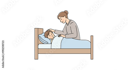 Mother Cares For Sick Child Feeling Forehead Gentle Touch While Lying In Bed Rest Illness Recovery Healthcare Concept