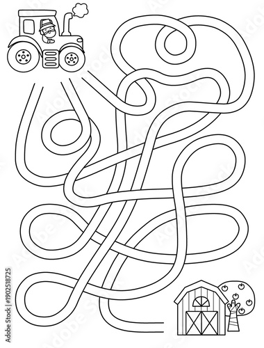 Maze activity sheet for children. Cute maze for kids. Kids labyrinth puzzle. Maze puzzle game for children with cute tractor illustration.