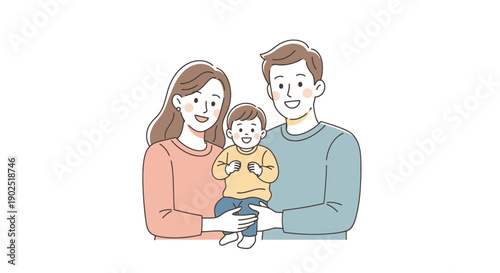 Happy young parents embracing their smiling baby child in a warm family portrait illustration with a clean white background