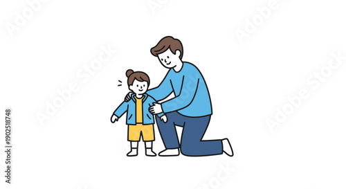 Caring Father Adjusts Jacket for Young Daughter Standing Outdoors Building Family Bonds and Childhood Development Moments