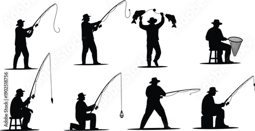 Silhouette,fisherman,fishing,rod,line,hook,net,bucket,catch,lake,river,outdoor,sport,hobby,leisure,activity,vector,illustration,black,white