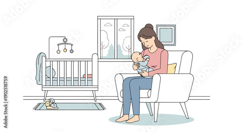 Mother Gently Holding Newborn Baby in Comfortable Nursery Chair Near Crib Nursery Room Scene Parenthood Serenity Family Connection Love Childcare