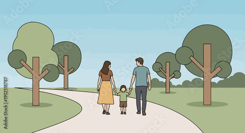 Happy Family Strolling Down a Winding Path Through a Peaceful Park on a Clear Day Enjoying Nature and Each Other s Company