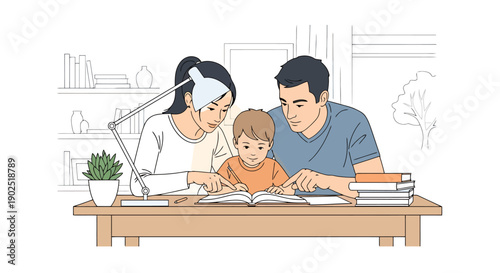 Happy Family Engaging in Educational Activities Together Learning and Studying at Home Desk with Books and Desk Lamp