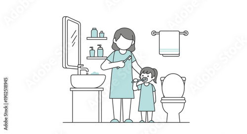 Mother and child brushing teeth together in bathroom for dental hygiene routine showing bonding and healthy habits development