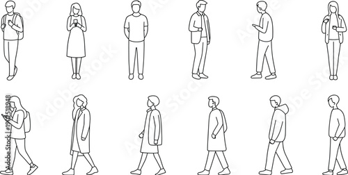 People walking and standing line art illustration set, modern urban lifestyle poses, men and women outline characters, vector collection