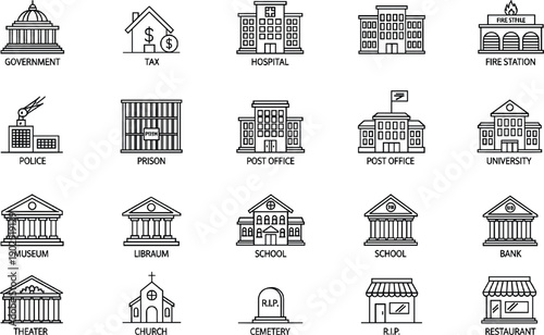City public buildings and government infrastructure icon set featuring hospital school police station bank library museum and church in a minimalist black line art vector style