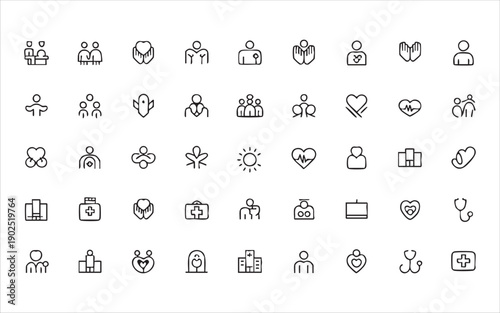 Community support and charity outline icons set representing volunteer work and social contribution