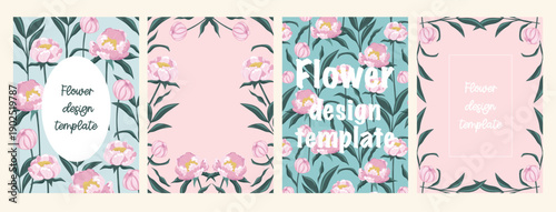 Seamless Vector Peony Floral Pattern and Elegant Pink Background Set, Hand Drawn Peonies for Wedding Invitation, Greeting Card, Frame