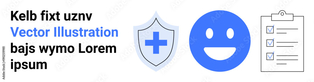 Obraz premium Healthcare, wellness, safety measures, task management, positivity, medical . Shield with medical cross, happy face and checklist icons. Healthcare and wellness visualization