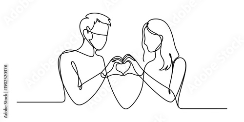One line drawing of a couple wearing face masks making a heart shape with their hands. isolated on white background, Vector, illustration