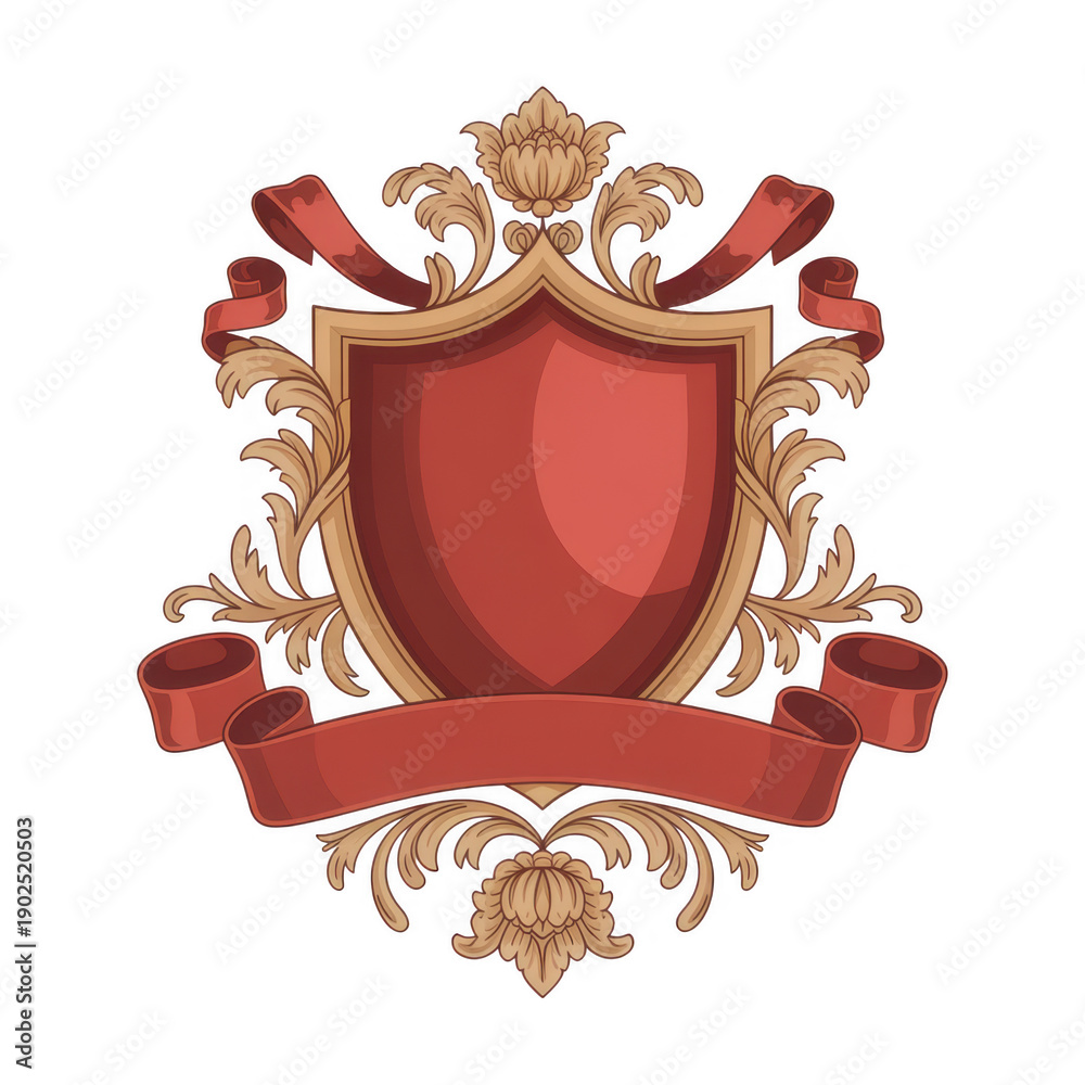 Obraz premium Red shield with gold crest and flowing ribbons banner isolated on a transparent background