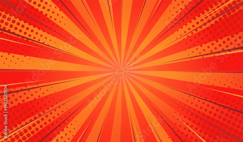 Comic book background. Modern orange and red creative pop art background with halftones and radial rays. Anime design with an explosion effect. Vector illustration.