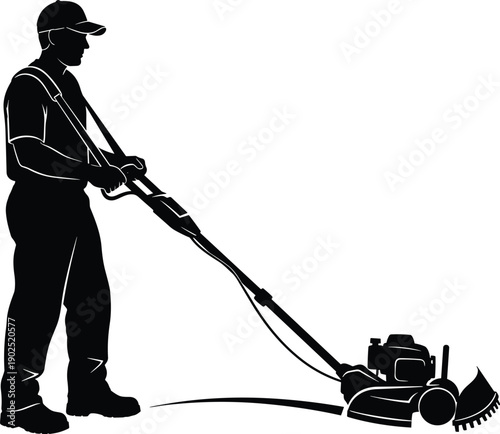 Man using lawn mower silhouette illustration, professional gardener working with grass cutting machine, landscaping service concept, vector icon isolated on white background for gardening, 