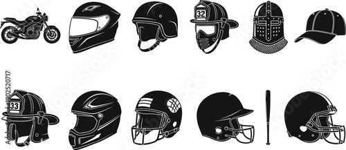 Collection of black silhouette protective headgear and sports equipment icons including motorcycle helmet, firefighter helmet, baseball cap, cricket helmet, American football helmet, bat and motorbike