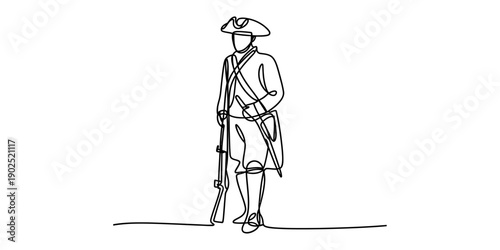 Continuous line drawing of a revolutionary war soldier standing with a rifle in hand isolated on white background, Vector, illustration