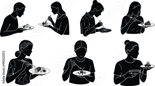 Black silhouettes of people eating sushi and fruit plates