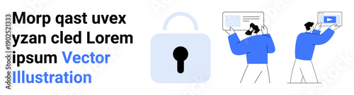 Central padlock graphic symbolizes protection, flanked by two individuals interacting with digital content. Ideal for cybersecurity, online privacy, access control, data sharing, team collaboration