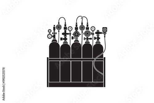Industrial Gas Cylinder Manifold Silhouette - Oxygen Tank Rack with Regulators and Gauges Silhouette Art