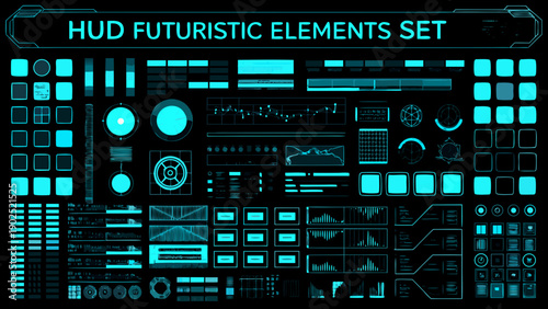 A collection of teal futuristic heads up display elements and interface components